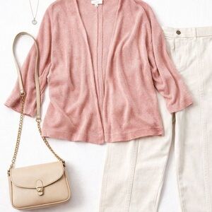 Lou & Grey Blush Pink Open Front Cardigan Textured Knit 3/4 Sleeve Sweater